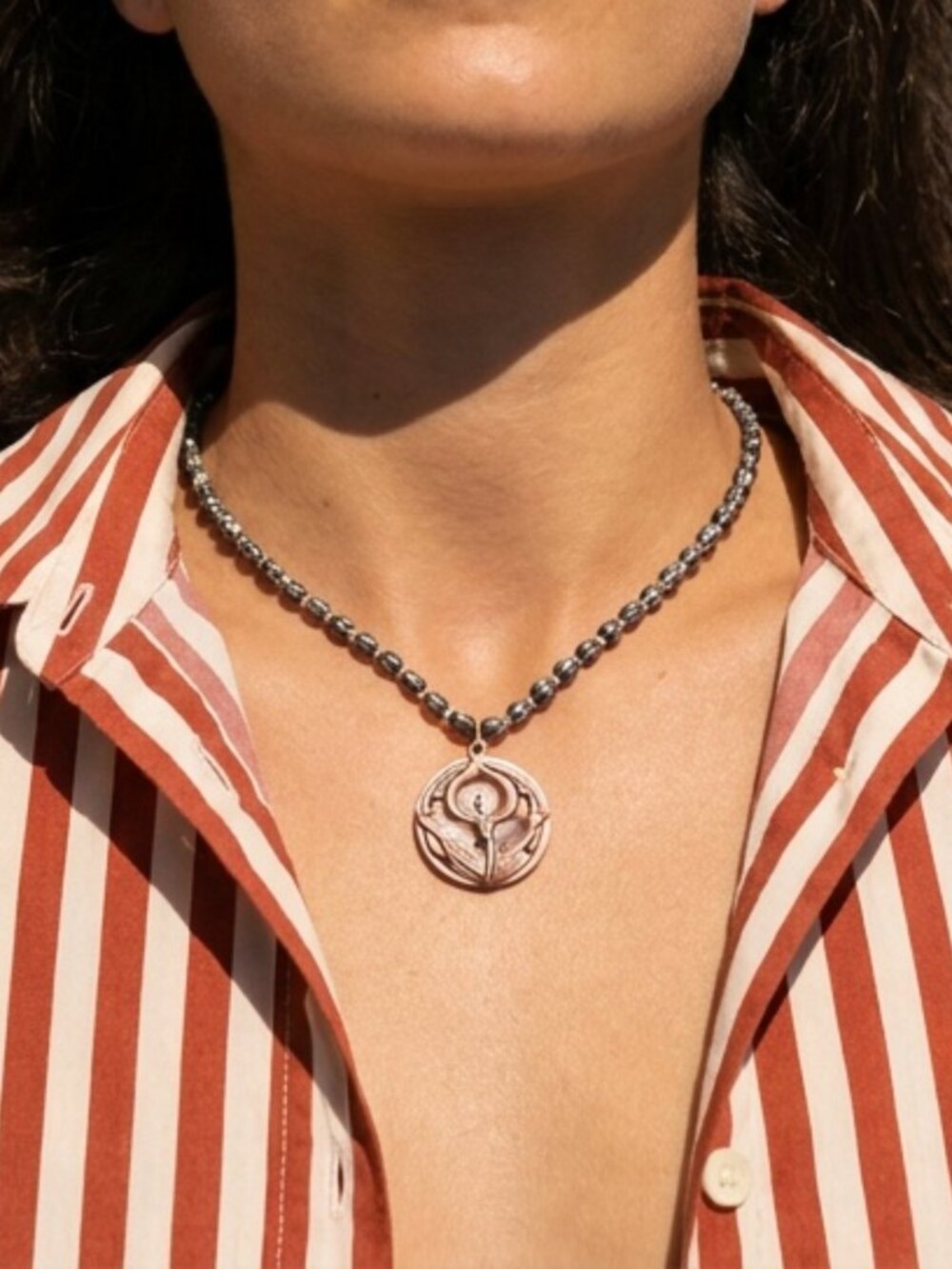 Elegant Bronze Lily Pendant and Black Beaded Necklace One of a Kind Boutique
